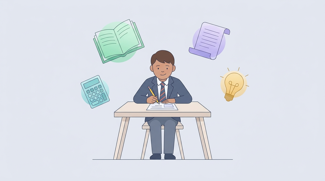 A young Year 5 pupil sitting at a desk practising for the 11+, with subject icons drifting around them — a hand-drawn editorial illustration.
